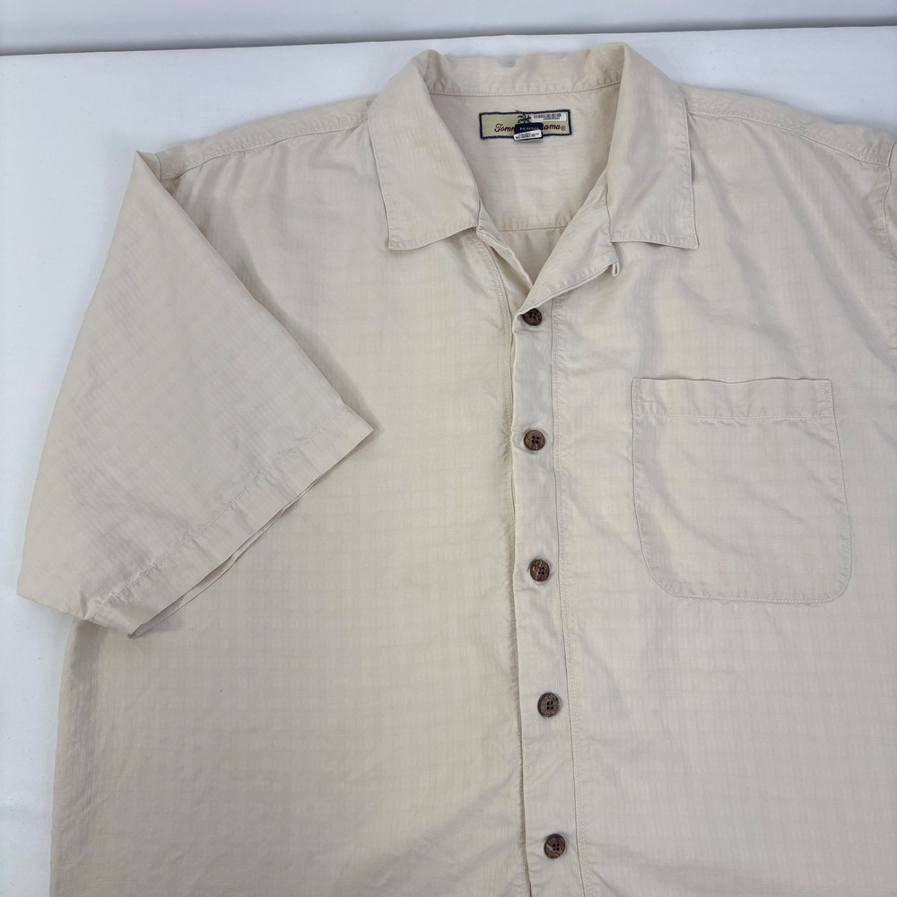 Tommy Bahama Mens‎ Silk Short Sleeve Button Up Shirt Beige Textured Camp XL